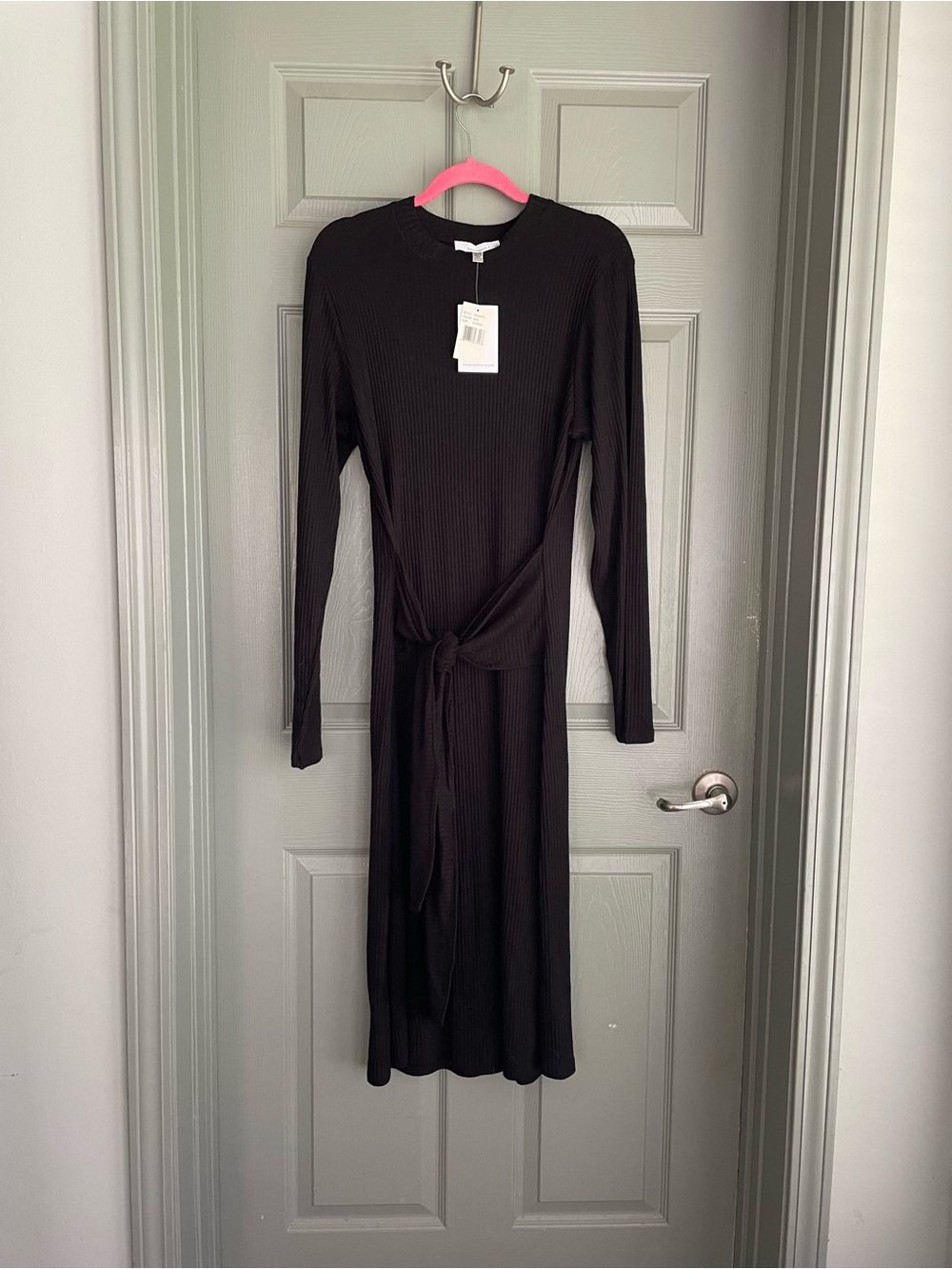 Long Sleeve Ribbed Midi Dress with Self Tie — Black Curvy Plus Size XL